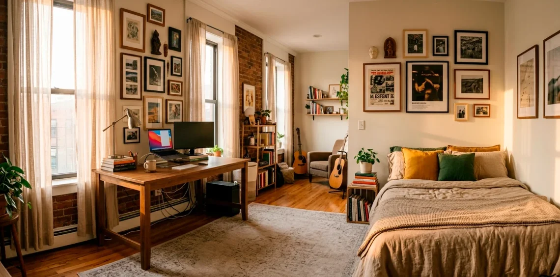 Stylish college apartment interior showcasing organized decor and a gallery wall