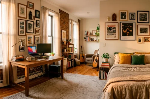 Stylish college apartment interior showcasing organized decor and a gallery wall