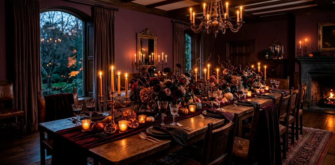 Moody Halloween dining table set with dark floral arrangements, candlelight, and velvet linens for a romantic gothic vibe.