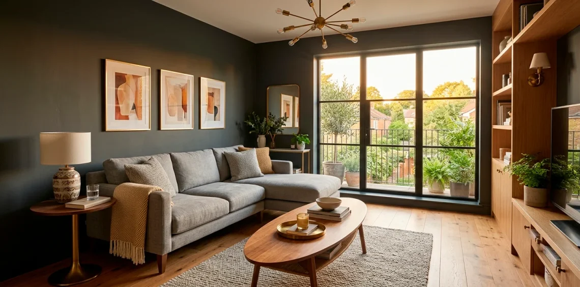 Small living room decorated in graphite and ash grey tones with warm lighting