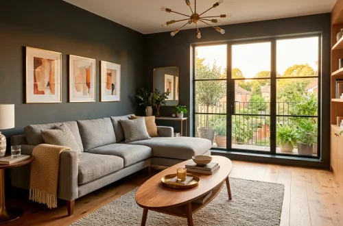 Small living room decorated in graphite and ash grey tones with warm lighting