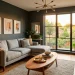 Small living room decorated in graphite and ash grey tones with warm lighting