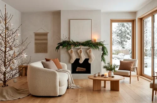 Serene Japandi style living room decorated for Christmas with a bare branch tree and neutral tones
