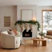 Serene Japandi style living room decorated for Christmas with a bare branch tree and neutral tones