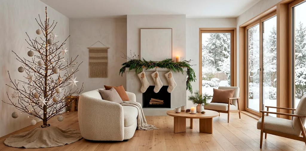 Serene Japandi style living room decorated for Christmas with a bare branch tree and neutral tones
