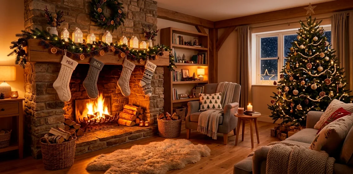 Cozy Scandinavian living room with a glowing Christmas fireplace and warm Nordic decor
