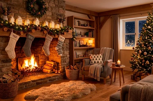 Cozy Scandinavian living room with a glowing Christmas fireplace and warm Nordic decor