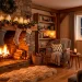 Cozy Scandinavian living room with a glowing Christmas fireplace and warm Nordic decor