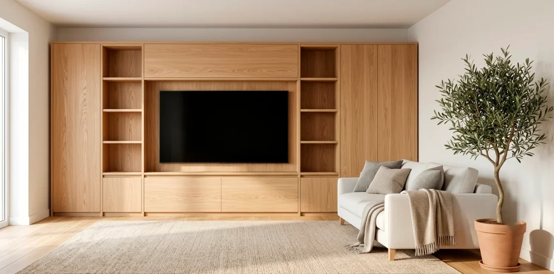 Modern Scandinavian living room featuring a large light oak TV wall unit and minimalist white decor