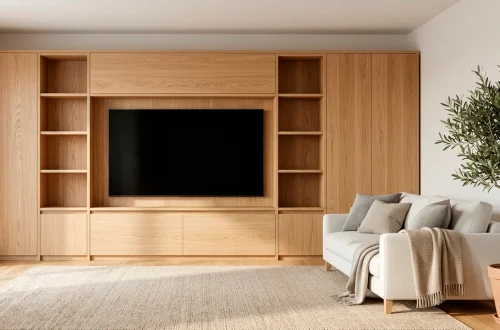 Modern Scandinavian living room featuring a large light oak TV wall unit and minimalist white decor