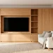 Modern Scandinavian living room featuring a large light oak TV wall unit and minimalist white decor