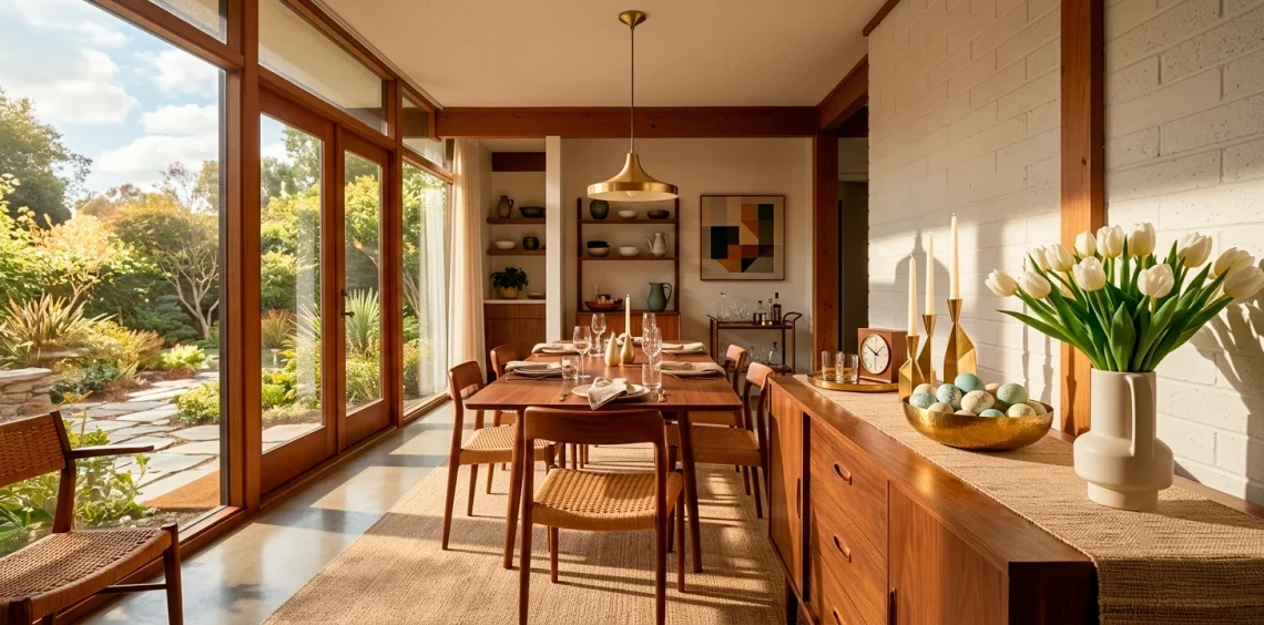 Mid-century modern dining room buffet decorated with sleek brass Easter centerpieces and spring tulips