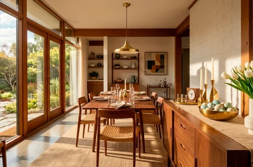 Mid-century modern dining room buffet decorated with sleek brass Easter centerpieces and spring tulips