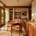 Mid-century modern dining room buffet decorated with sleek brass Easter centerpieces and spring tulips