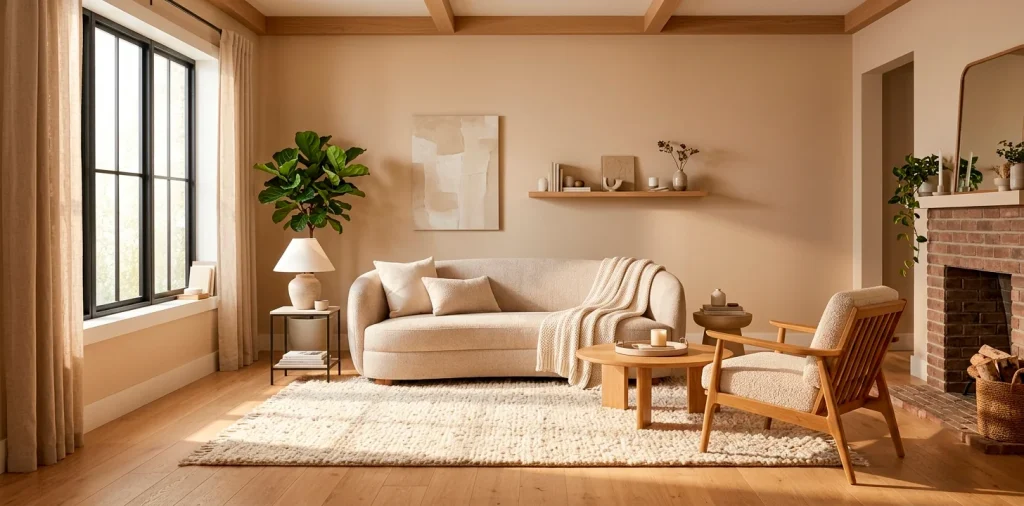 Soft sand and beige small living room with bright natural light and cozy textures.