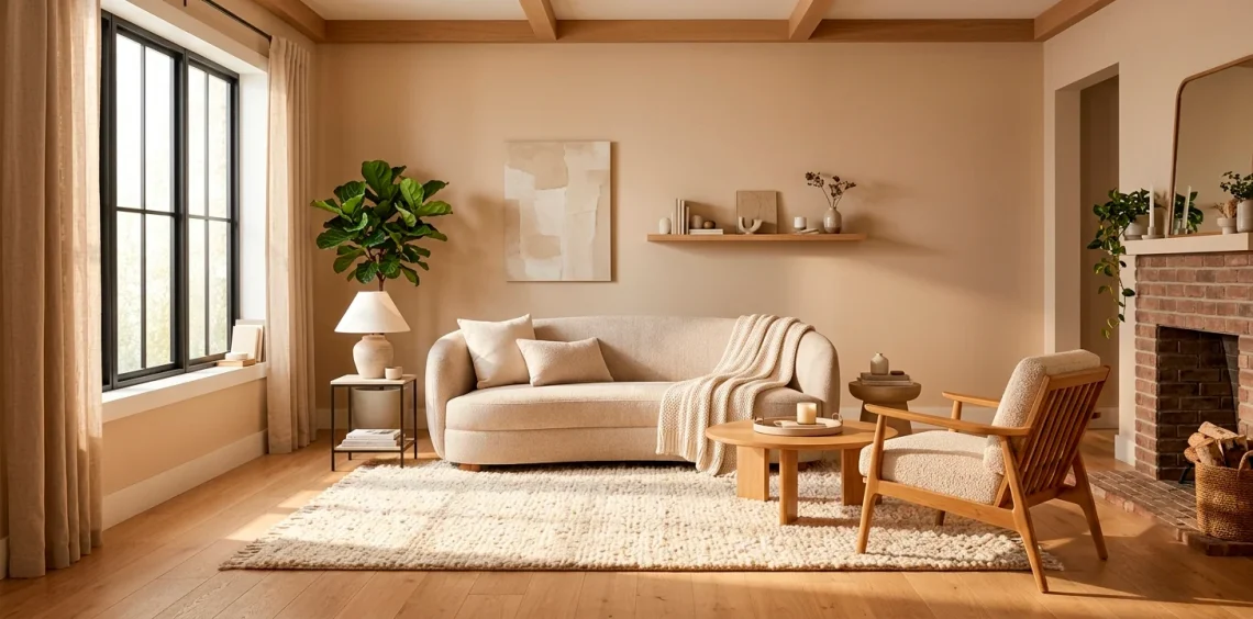 Soft sand and beige small living room with bright natural light and cozy textures.