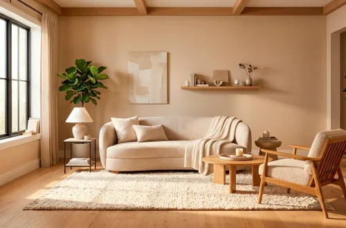 Soft sand and beige small living room with bright natural light and cozy textures.