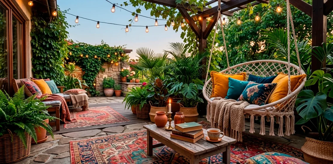 Beautiful boho patio featuring a hanging macrame chair, layered rugs, and string lights for a cozy reading nook