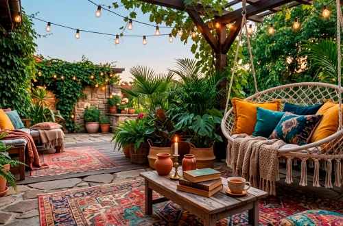 Beautiful boho patio featuring a hanging macrame chair, layered rugs, and string lights for a cozy reading nook
