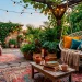 Beautiful boho patio featuring a hanging macrame chair, layered rugs, and string lights for a cozy reading nook