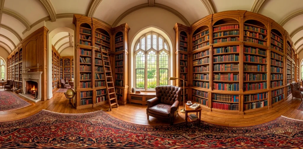 Luxurious home library featuring towering arched wooden bookshelves and a cozy leather reading chair.
