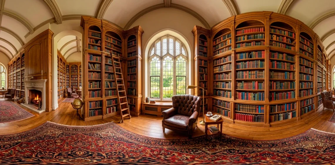 Luxurious home library featuring towering arched wooden bookshelves and a cozy leather reading chair.