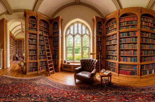 Luxurious home library featuring towering arched wooden bookshelves and a cozy leather reading chair.