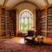 Luxurious home library featuring towering arched wooden bookshelves and a cozy leather reading chair.