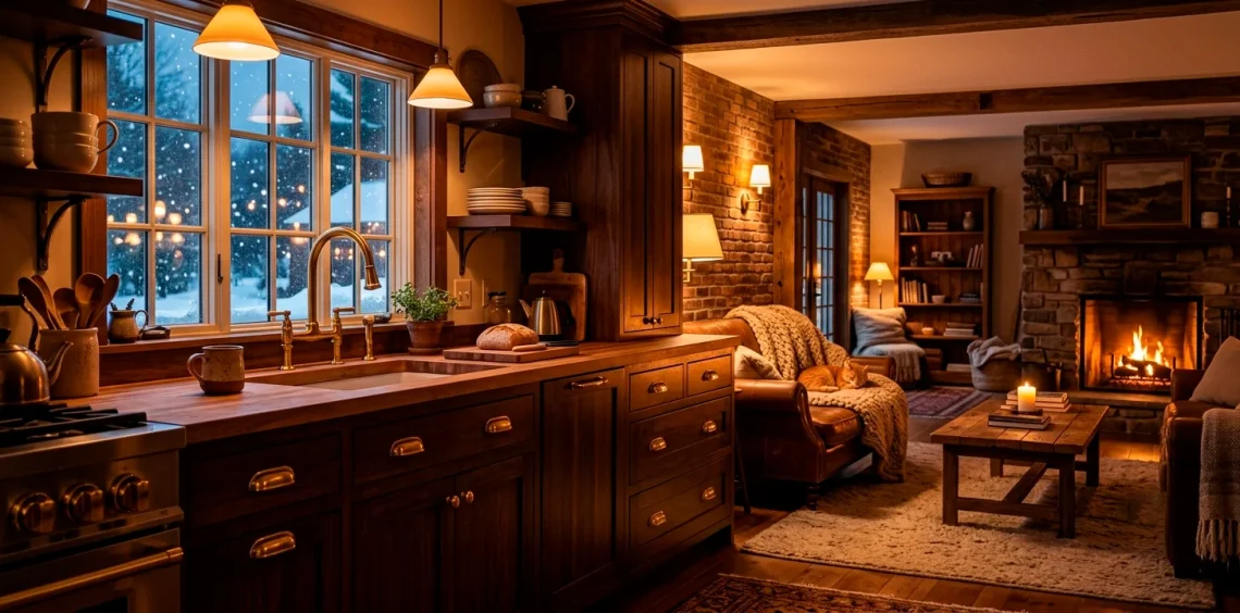 Cozy winter kitchen and living room featuring glowing warm brass hardware updates and soft amber lighting.