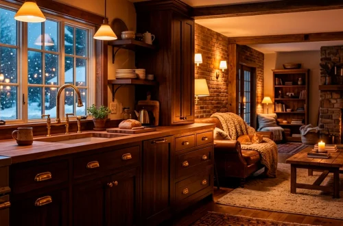Cozy winter kitchen and living room featuring glowing warm brass hardware updates and soft amber lighting.