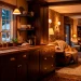 Cozy winter kitchen and living room featuring glowing warm brass hardware updates and soft amber lighting.