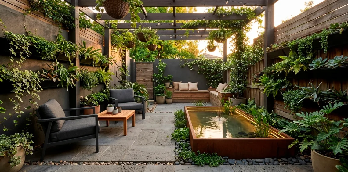 Compact modern urban patio featuring lush vertical gardens and a small ground-level pond reflecting warm sunlight