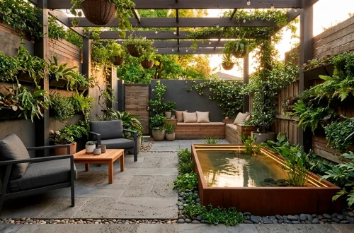 Compact modern urban patio featuring lush vertical gardens and a small ground-level pond reflecting warm sunlight