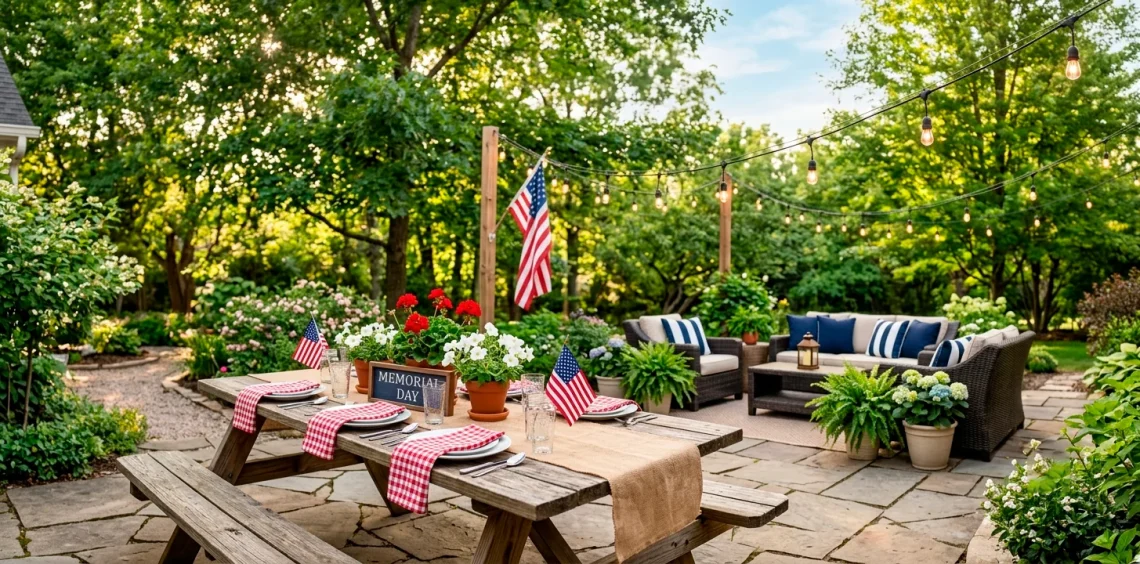 Beautifully styled backyard patio ready for a Memorial Day party with a decorated picnic table and string lights.