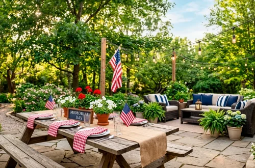 Beautifully styled backyard patio ready for a Memorial Day party with a decorated picnic table and string lights.