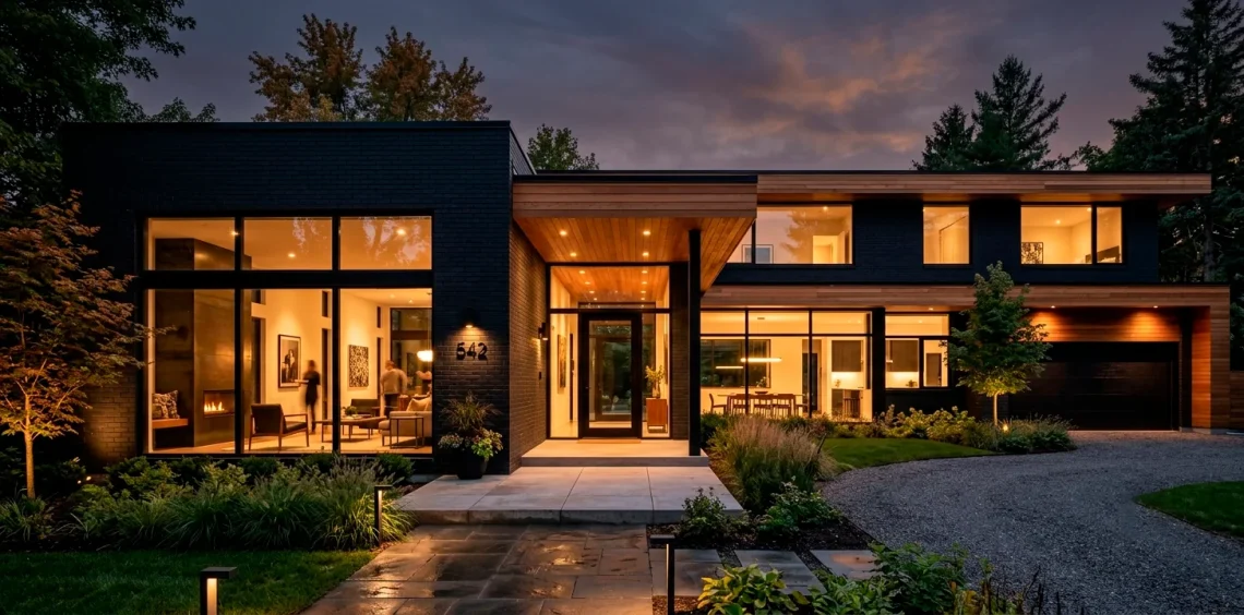 Modern black brick house exterior at twilight with warm cedar wood accents and large glowing windows.