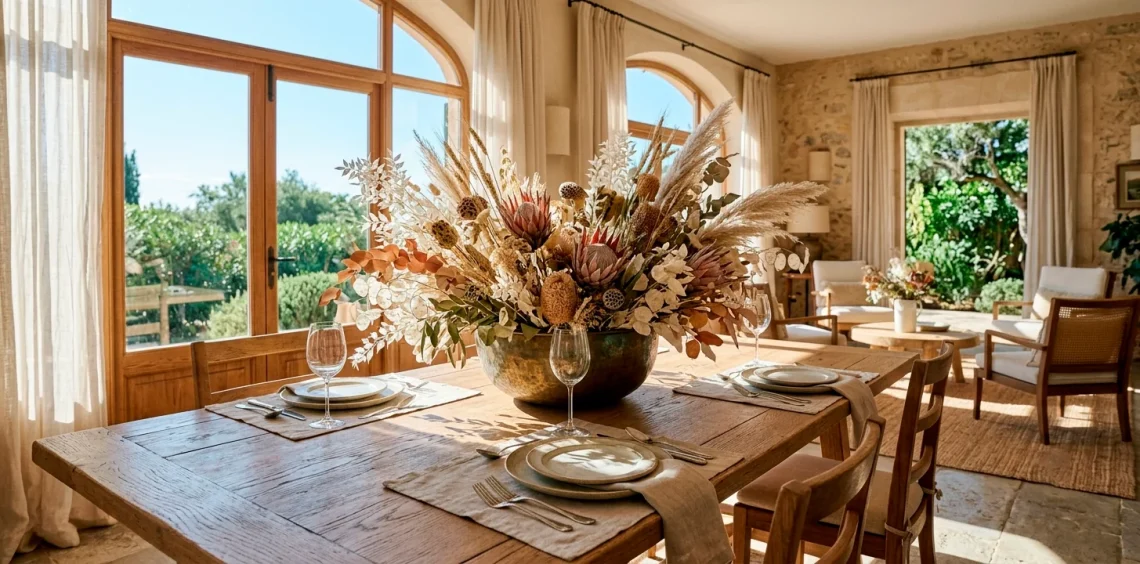 Large dried floral summer centerpiece on a wooden dining table in a sunlit room.