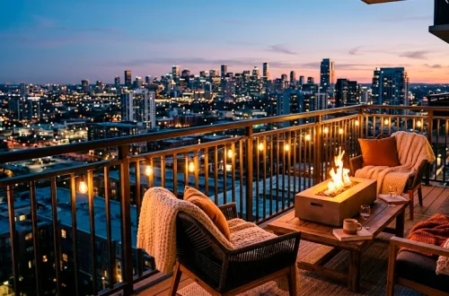 A cozy, warm balcony at twilight featuring a blazing tabletop fire pit, string lights, and chunky knit blankets.