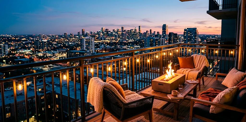 A cozy, warm balcony at twilight featuring a blazing tabletop fire pit, string lights, and chunky knit blankets.