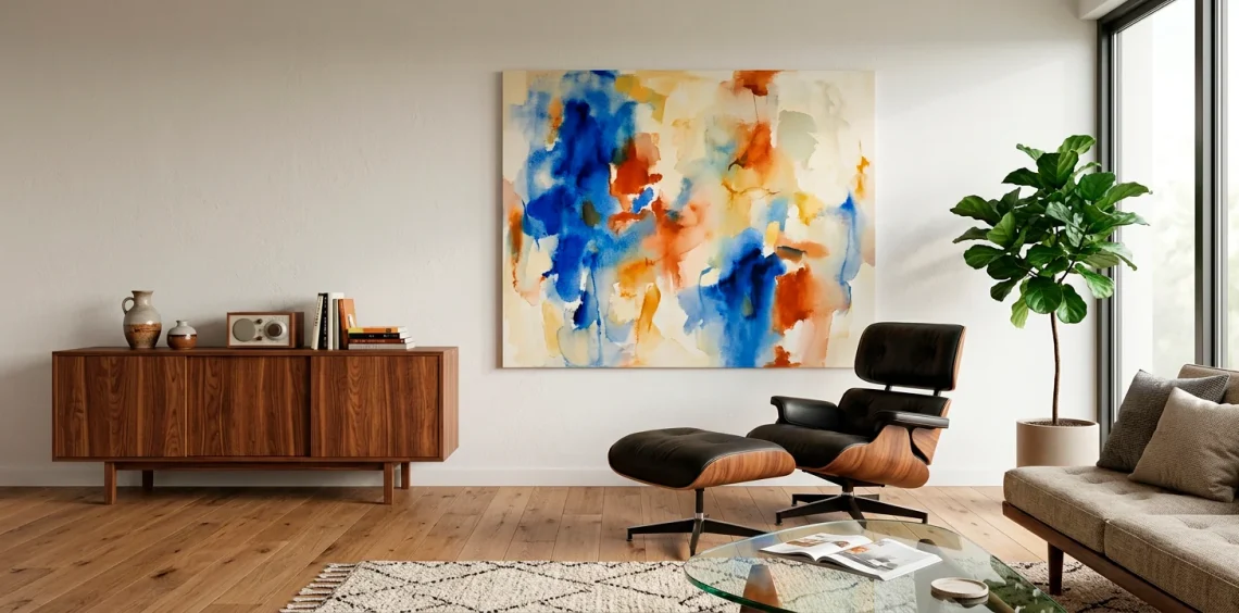 Mid century modern living room featuring a vibrant contemporary abstract painting and a walnut credenza.