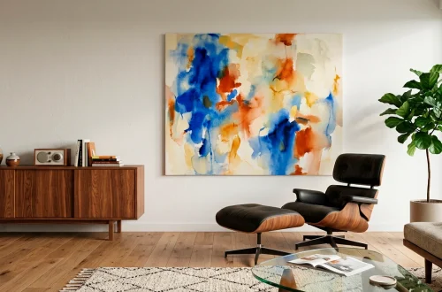 Mid century modern living room featuring a vibrant contemporary abstract painting and a walnut credenza.