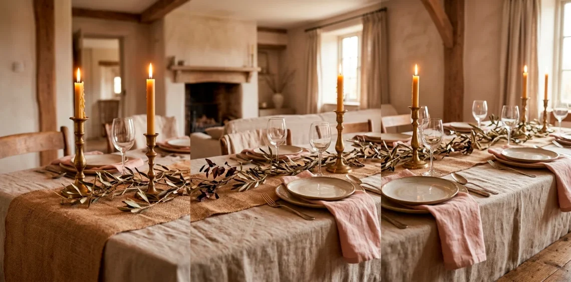 Beautifully styled rustic Valentine's Day table with layered linens, brass candlesticks, and warm lighting