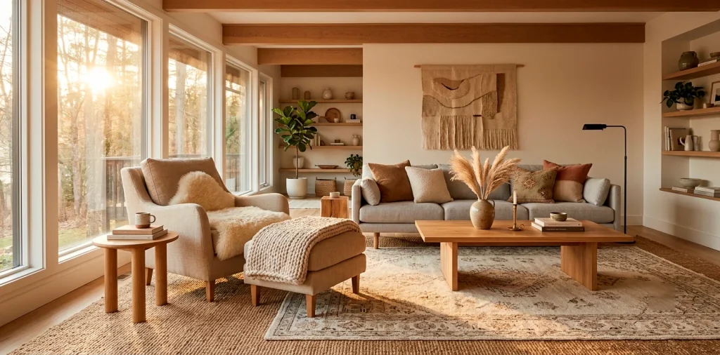 Cozy Scandinavian living room with brilliantly layered textured rugs on the floor