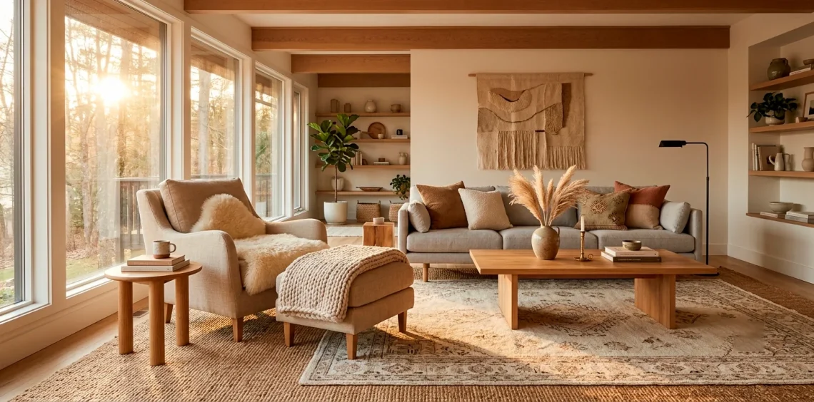 Cozy Scandinavian living room with brilliantly layered textured rugs on the floor