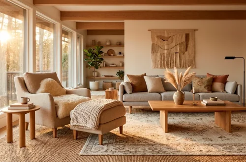 Cozy Scandinavian living room with brilliantly layered textured rugs on the floor