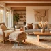 Cozy Scandinavian living room with brilliantly layered textured rugs on the floor