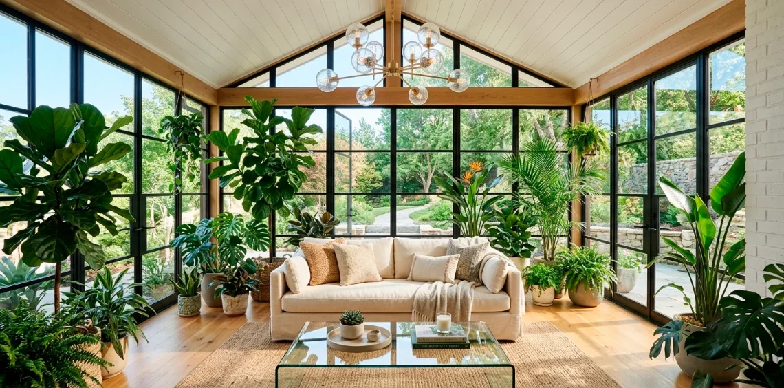 Wide view of a modern sunroom featuring black metal window frames, a brass chandelier, a glass coffee table, and lush greenery.