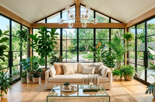 Wide view of a modern sunroom featuring black metal window frames, a brass chandelier, a glass coffee table, and lush greenery.