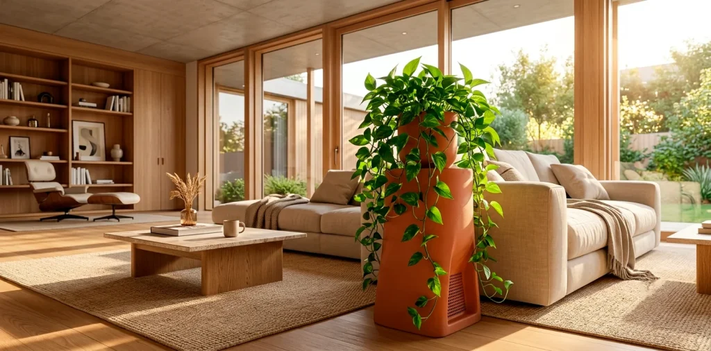 Luxurious modern living room featuring a sleek terracotta indoor worm farm disguised as a stylish side table