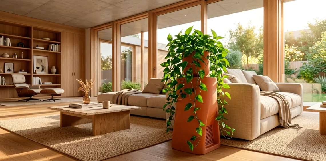 Luxurious modern living room featuring a sleek terracotta indoor worm farm disguised as a stylish side table